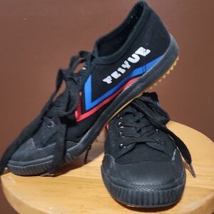 Feiyue Black Canvas Shoes with Red and Blue Stripes